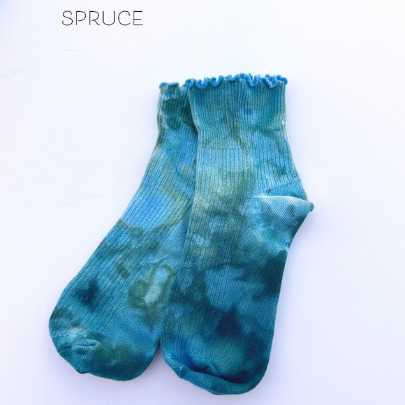 Deep Teal Ruffle Socks Spruce Green Tie Dye Mid Crew Socks Ice Dye Hand Dyed - Picture 2 of 4
